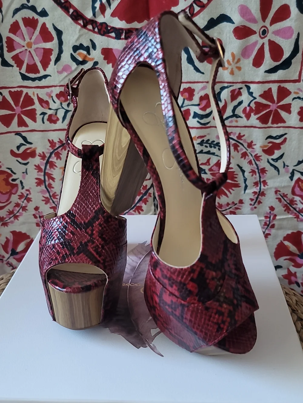 Jessica Simpson Wicked Red Phoenix Snake-Print Platform Peep-Toe Platform Heels